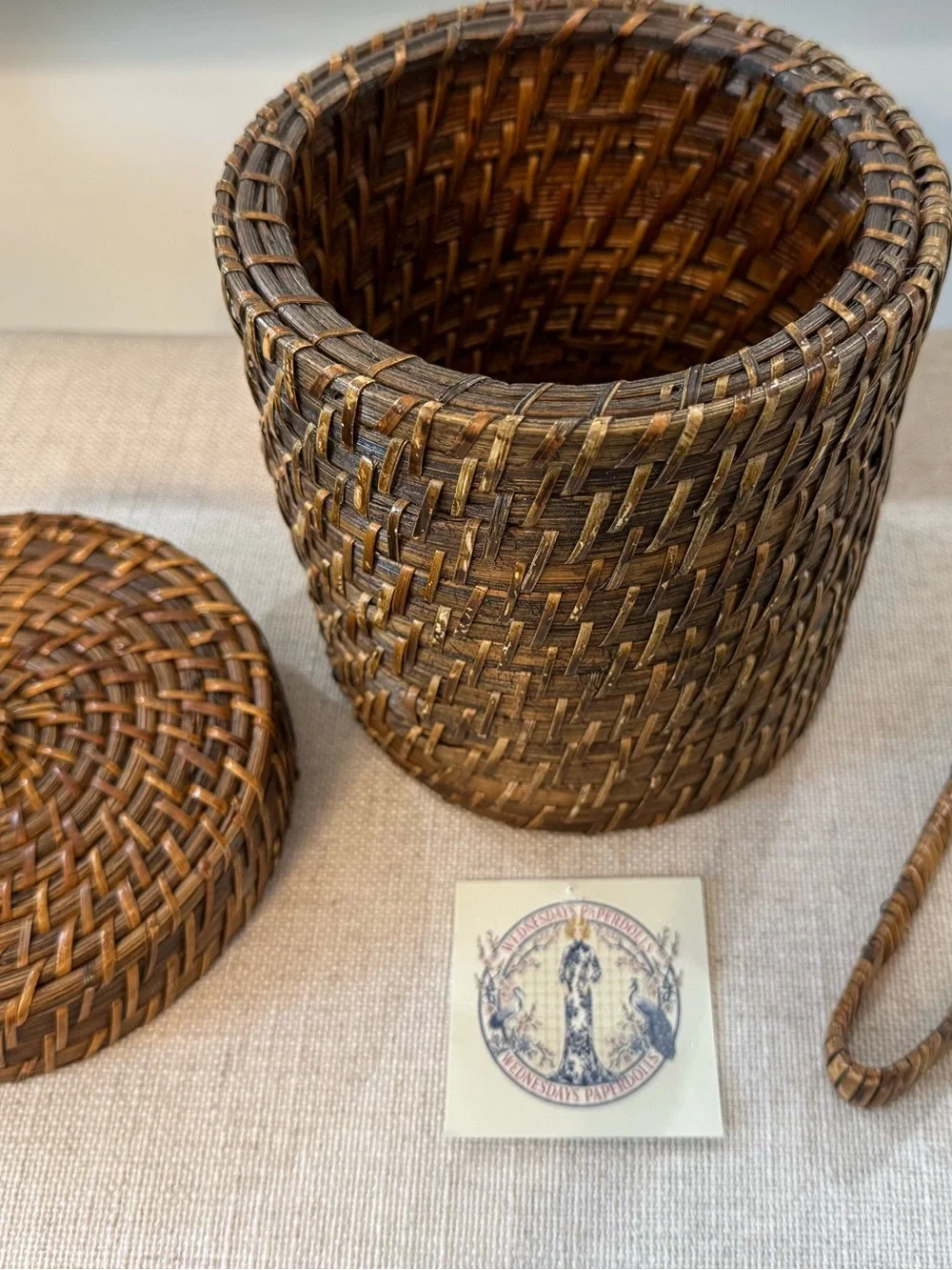 Vintage Rattan Mcm Ice (no) Bucket w Lid & Tongs Wicker Tiki Bar Coastal Barware